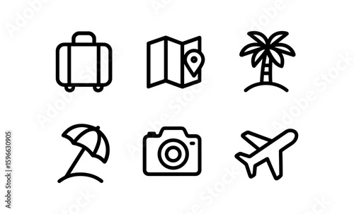 Travel icons set featuring linear style: suitcase, map, palm tree, umbrella, camera, airplane