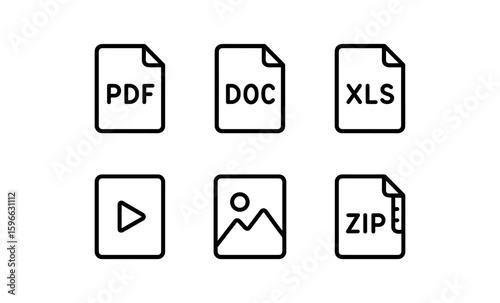 Minimalist file icons set for pdf, doc, xls, media, image, zip formats