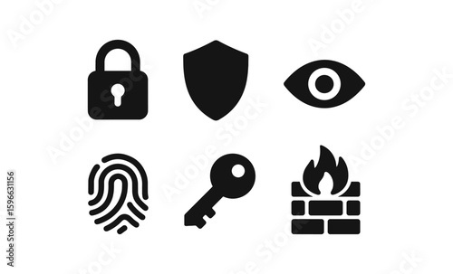 Minimalist security icons set: lock, shield, eye, fingerprint, key, and firewall