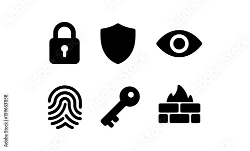 Security black icons: lock, shield, eye, fingerprint, key, firewall