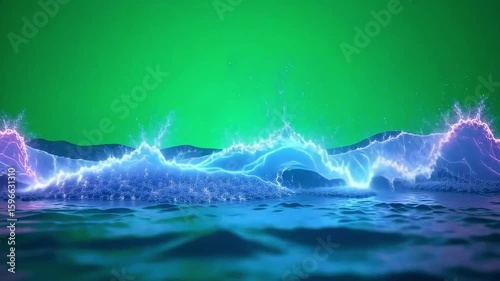 Ocean wave with blue and pink glow against green screen for visual effects