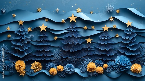Festive winter scene of christmas trees and decorations with a paper art style
