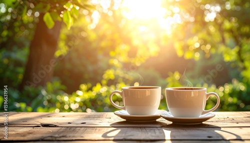 Coffee cups on wooden table, sunny garden