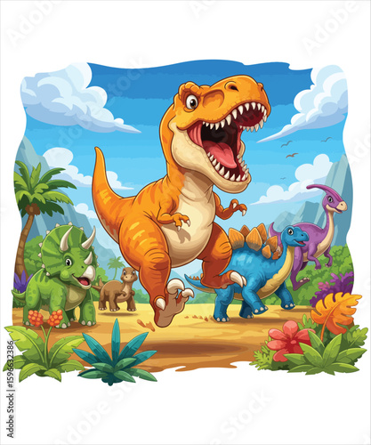 Cute Cartoon Dinosaurs Roaming a Prehistoric Landscape
