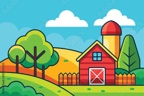 Vibrant rural farm scene with barn and silo