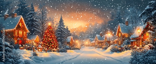 Winter wonderland christmas village snowfall festive evening lights holiday season illustration