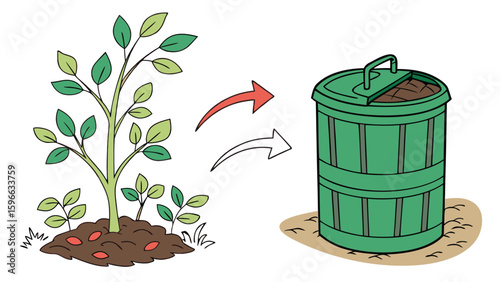 Illustration showing plant waste being composted in a green compost bin with arrows indicating process
