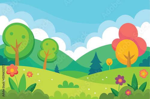 Vibrant spring meadow with rolling hills and blooming flowers