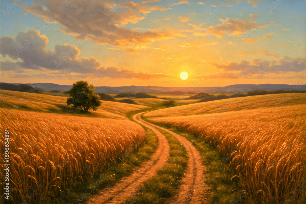 Fototapeta premium Golden Wheat Field Road at Sunset