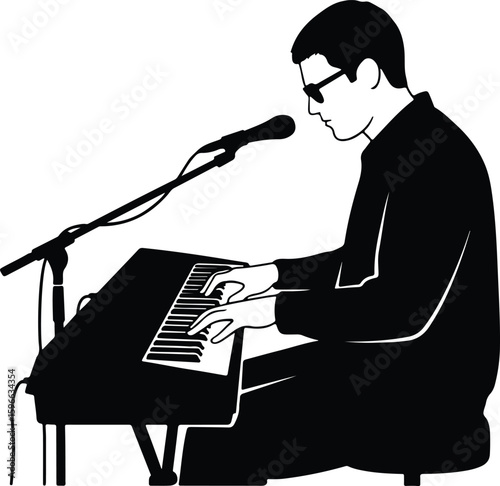 Silhouette musician playing keyboard with microphone illustration Vector Illustrator