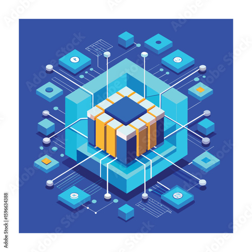 Isometric Blockchain Network Concept with Cubes and Connections, Data Visualization, and Decentralized Technology, Modern Abstract Design, and Cryptocurrency