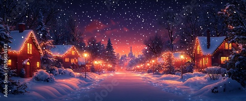 Winter scene of snow covered houses with festive string lights during snowfall