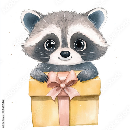 Cute Raccoon Peeking from a Gift Box Watercolor Style