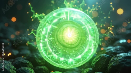 Tesseract core pulses; green waves expand. Energy tendrils writhe, twisting outwards. Camera slowly zooms in, then pans around the core.