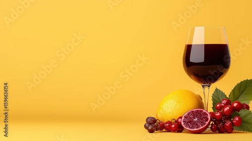 Red Wine Glass with Citrus Fruits on Yellow Background