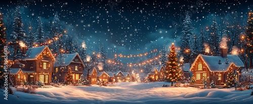 Cozy winter village scene decorated with sparkling lights during a beautiful snowfall