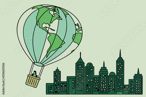 A green earth globe hot air balloon floats above a city skyline with many buildings and lit windows at night