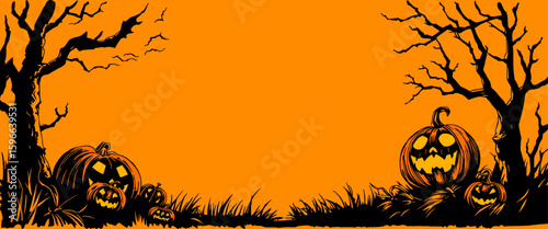 Happy Halloween banner. Halloween pumpkins and bats. Vector illustration. a spooky halloween landscape with glowing jack-o'-lanterns and eerie bare trees