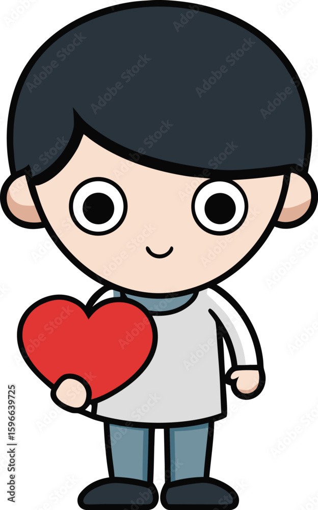 Cartoon boy offering red heart, cute character with a symbol of love and affection Cartoon boy offering red heart, cute character with a symbol of love and affection