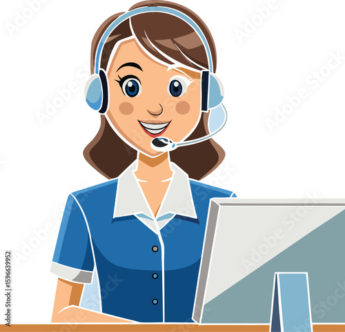 Cartoon woman with headset at computer, customer service or support representative