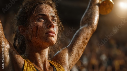 Champion athlete celebrates victory after intense competition in muddy outdoor venue during late afternoon sunlight