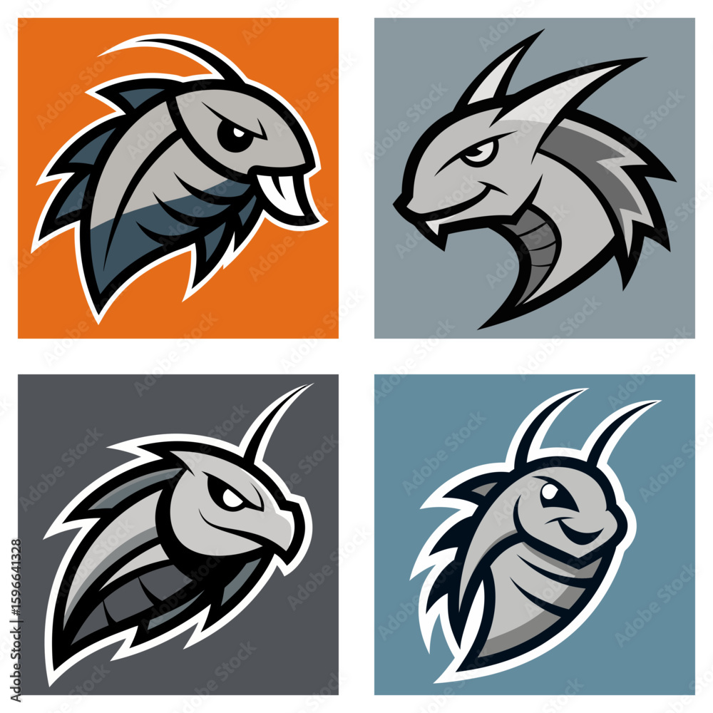 Fototapeta premium Four stylized insect or creature logos with different expressions and background colors in a square grid
