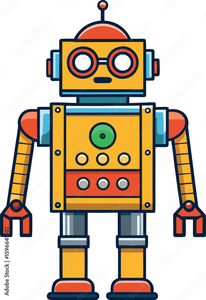 Naklejka premium Cartoon retro robot, groovy character or transformer droid with comic face, vector android toy. Groovy retro robot with mechanical arms, robotic cyborg bot with buttons for hipster droid character