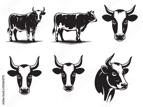 Black and White Cow Illustration Set in Minimalist Silhouette Style   
