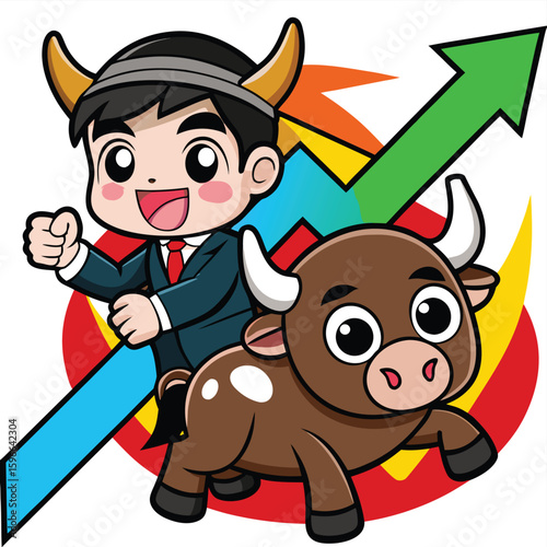  Bull market, price or asset growth, positive market sentiment, investing to earn more profits, traders riding on galloping bulls across stock market charts