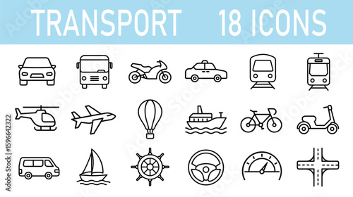 Transport Vector Icon Set | Outline | Vehicle, Travel, Traffic, Navigation, Mobility