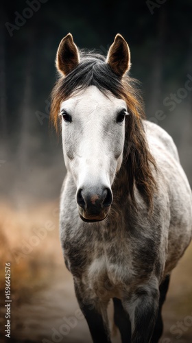 Beautiful gray horse standing in a misty field at dawn surrounded by nature