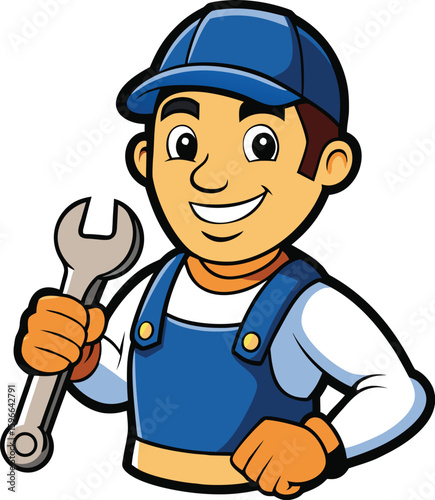 A handyman, mechanic, plumber or other construction cartoon mascot man holding a wrench or spanner tool
