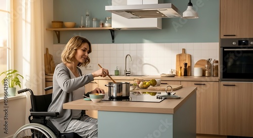 Accessible Kitchen Woman in Wheelchair Cooking with Ease in Her Adapted Home, Ensuring Inclusivity