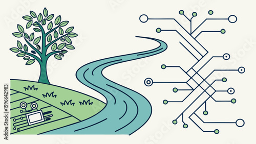 Illustration showing a tree on a hill, a river, and a circuit board design, representing nature and technology