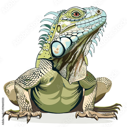 Detailed Green Iguana Illustration Sitting Pose Vivid Colors