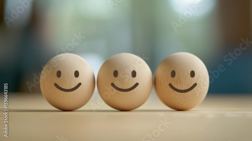 Three smiling wooden faces