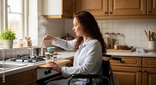 Independent Living Woman in Wheelchair Cooking Meal in Sunny Kitchen, Promoting Ability and Home Comfort