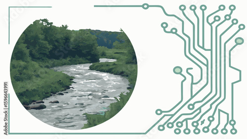 A river landscape inside a circle frame with a green circuit board design on the right side of image