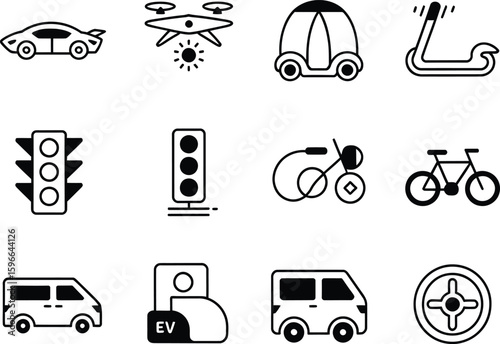Collection of hand drawn transportation icons and symbols