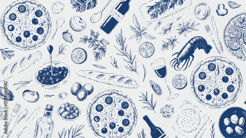 A detailed food illustration in a blue and white color scheme featuring various Italian and Mediterranean elements arranged in a scattered pattern. 