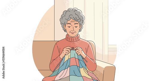 An elderly woman with grey hair sits on a sofa knitting a colorful patchwork quilt in a cozy, sunlit room.