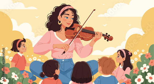 A woman plays violin for a group of children in a park setting.