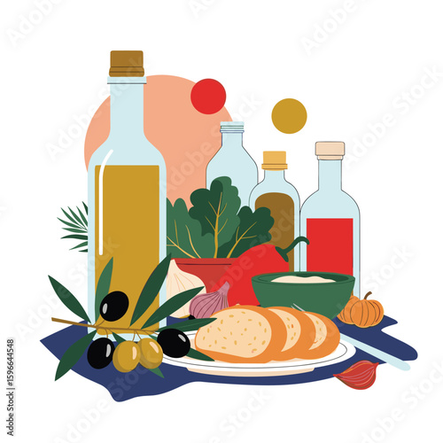 A medley of fresh ingredients for flavorful cooking and healthy eating featuring olive oil bread and vegetables