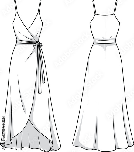 Elegant long wrap dress fashion flat, sleeveless maxi dress design, belted evening gown illustration, front and back CAD vector