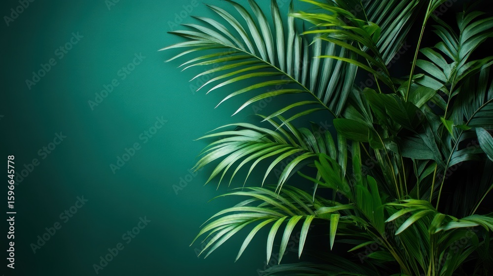 Fototapeta premium Lush tropical plants against a deep teal backdrop