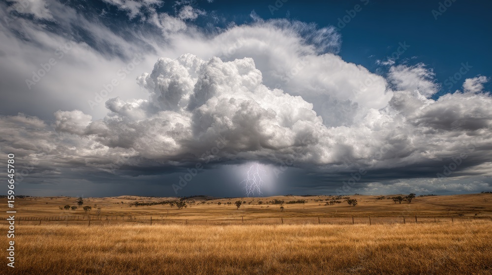 Immense Cumulonimbus Clouds over Golden Grassland with Dramatic Lightning Immense Cumulonimbus Clouds over Golden Grassland with Dramatic Lightning
