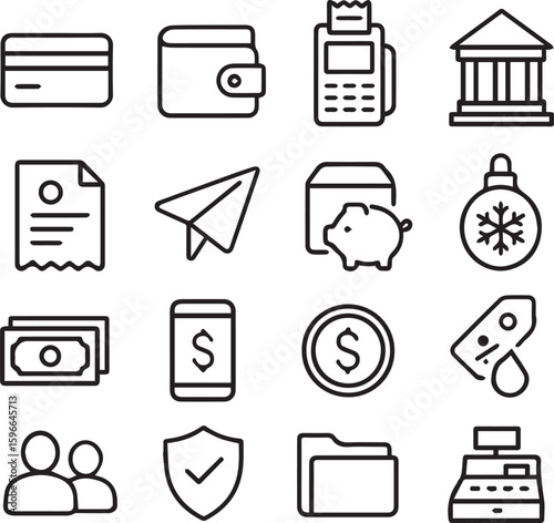 Banking Vector Icon Set  Adjustable Line Weight  Icons include credit card, wallet, POS terminal, bank, receipt, ATM, piggy bank, vault, money, mobile banking, savings, interest tag, cash register