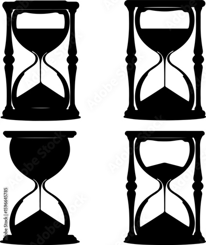 Four elegant black hourglasses displaying flowing sand against a white background