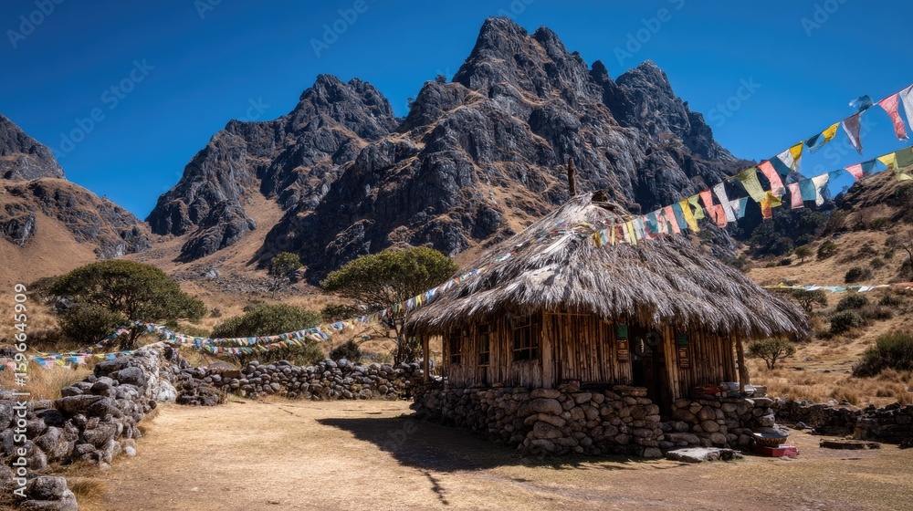 Rustic Mountain Hut with Prayer Flags under Sunny Sky Rustic Mountain Hut with Prayer Flags under Sunny Sky