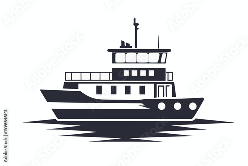 Simple dark gray ferry boat rests motionless upon choppy waters creating intrigue